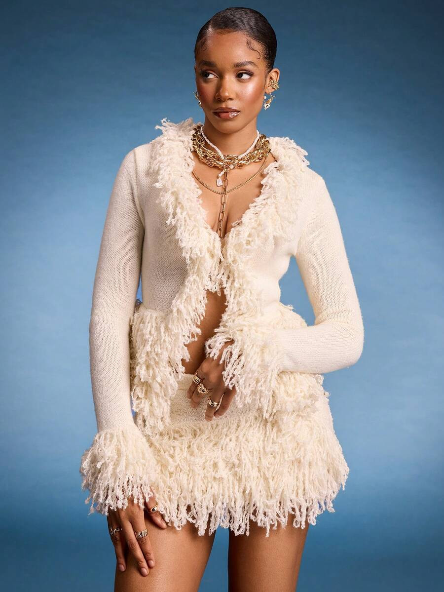 Normani Vintage Shaggy Trim Knit Cardigan Spring Y2K 90's Casual Cute Summer Holiday Summer Festi... | SHEIN