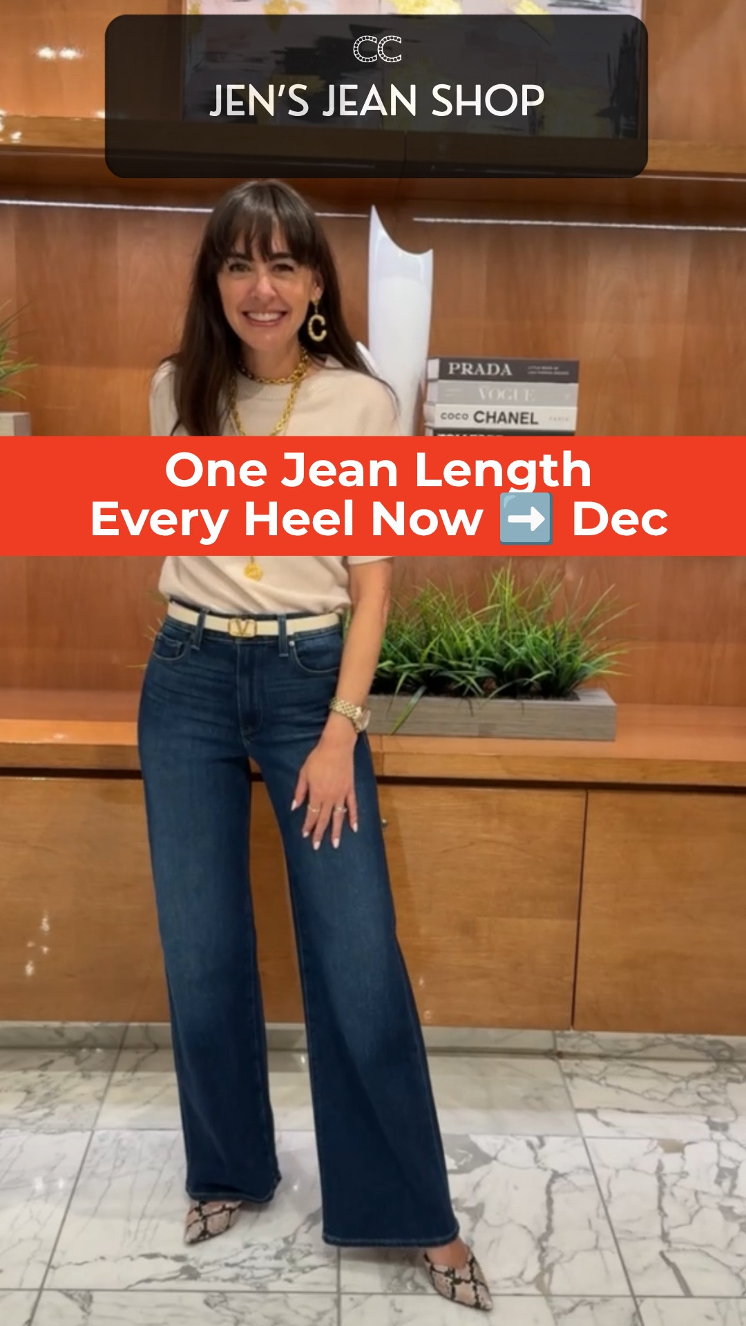 One jean length works with every heel you own. 

Here's the formula. 
➡️ Step on a soft tape measure and measure from your center crotch seam to the ground for your full length inseam
➡️ Add the height of your lowest heel, then subtract a quarter inch. 

That's the length that works no matter what's on your feet. 

This exact pair already sold out during early access, which happens fast this time of year. 

Save this post so you have the formula and the links. Sold out styles can't be searched once they're gone, but early access orders get returned throughout the sale, so checking back with the actual product link is the only way to catch your size, before prices go up August 8th.