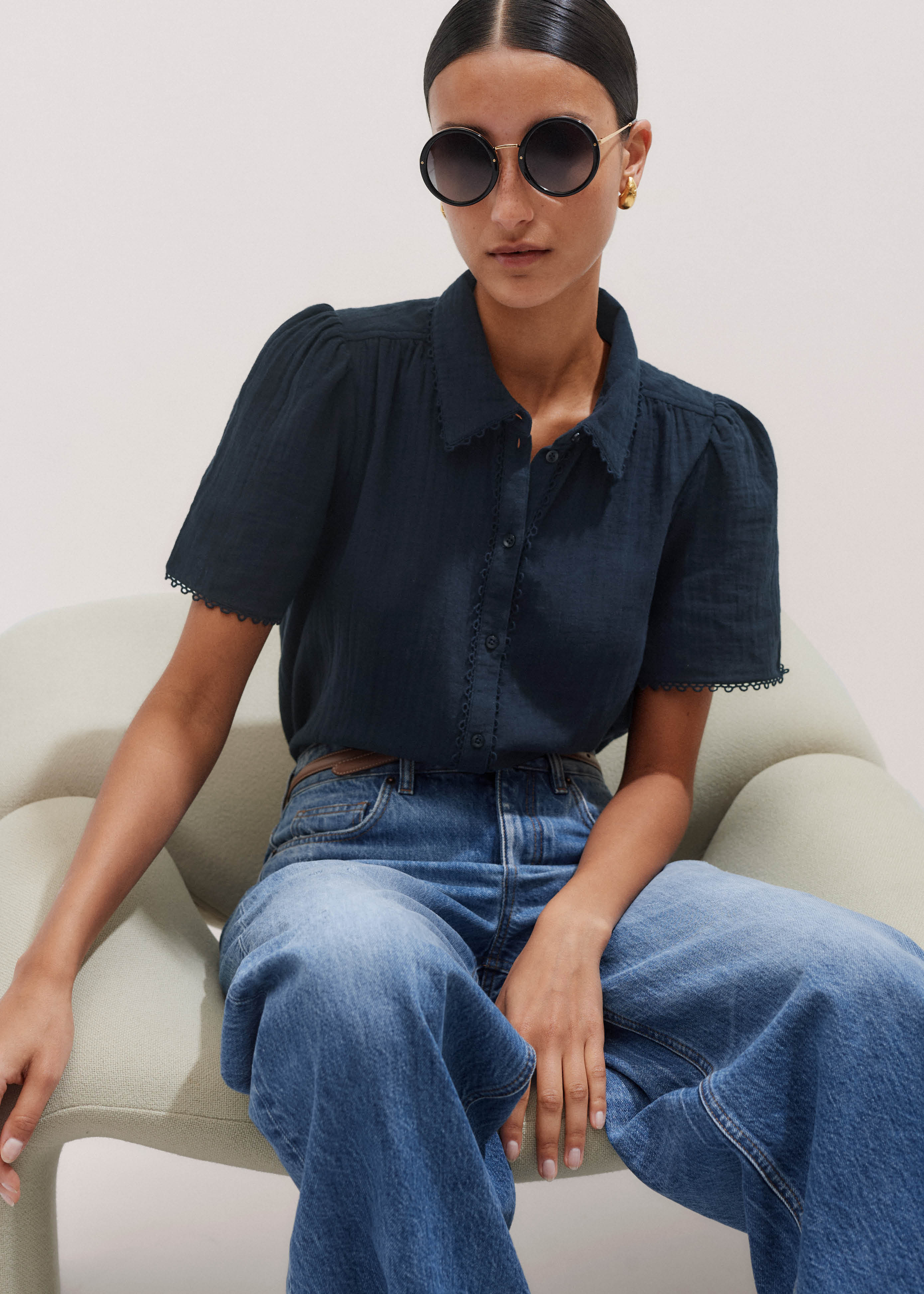 Women's Navy Cheesecloth Trim Detail Blouse | ME+EM | ME+EM US