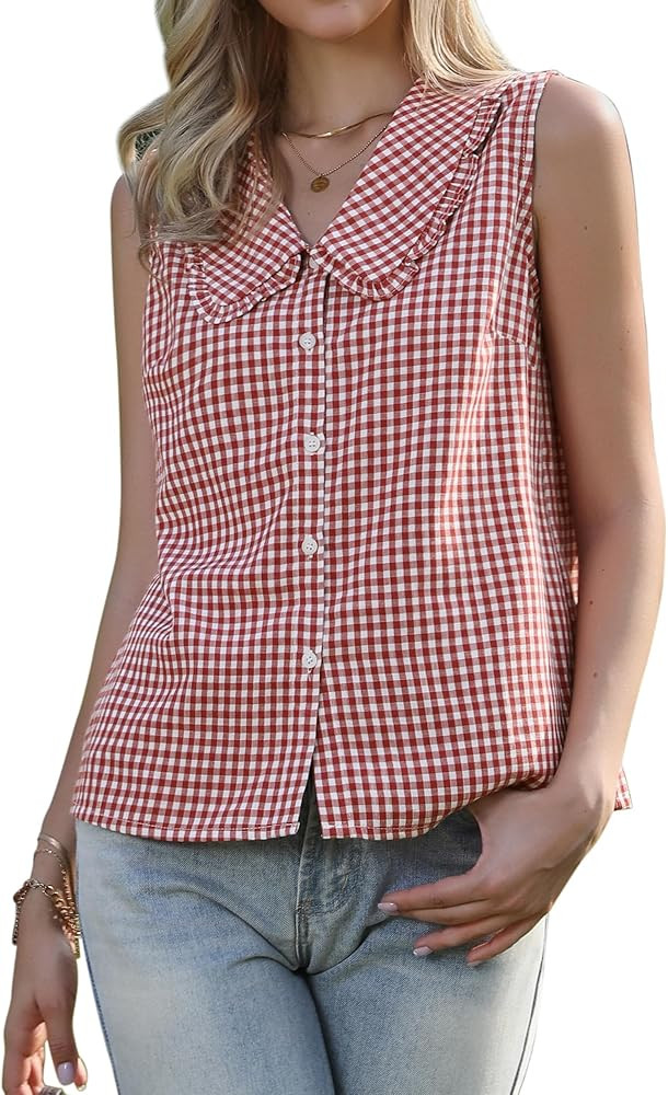 Allegra K Cute Gingham Sleeveless Tops for Women's Peter Pan Collar Ruffled Trim Button Down Blou... | Amazon (US)