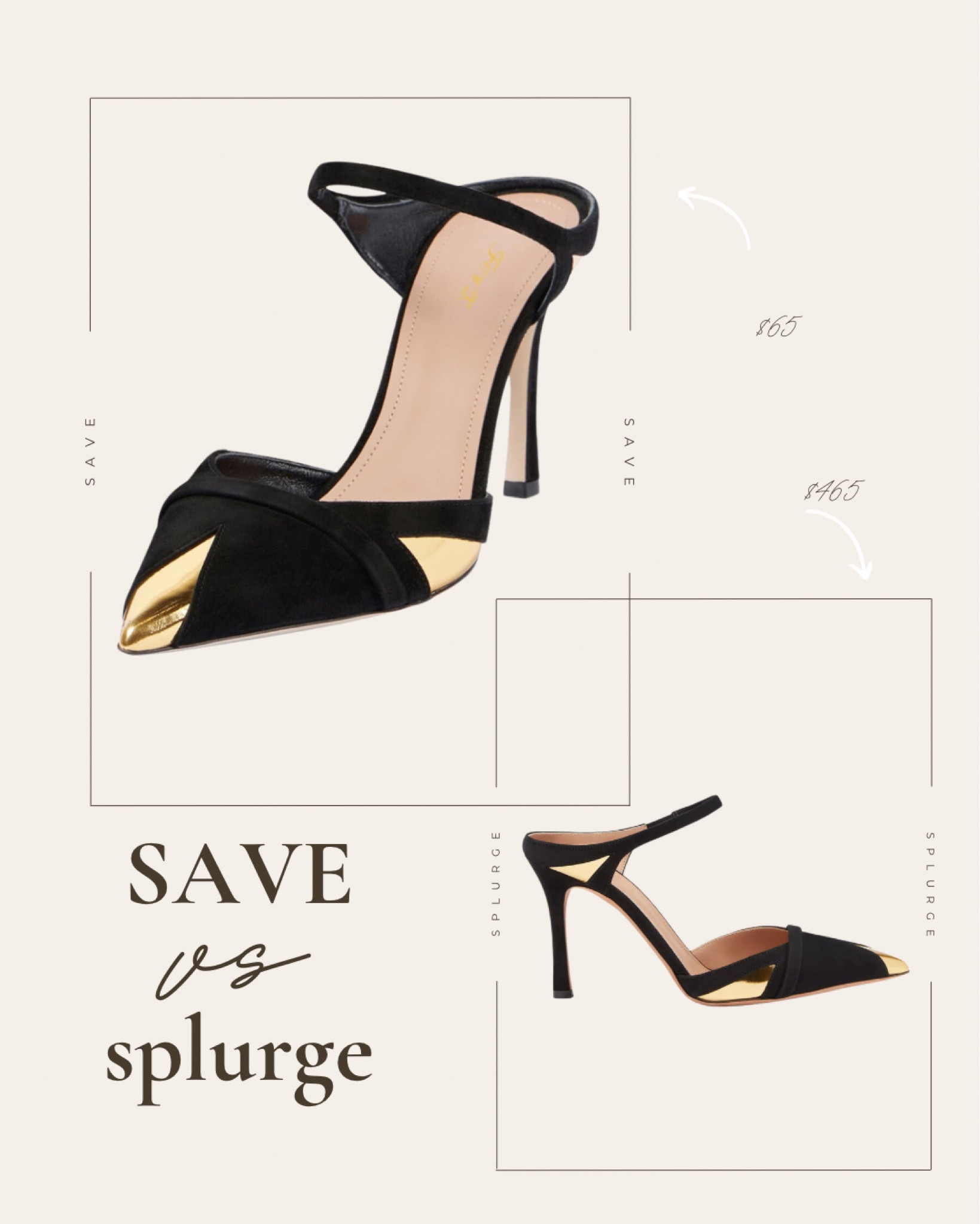 Designer look for less!! 

Heels, designer, dupes, save or splurge, looks for less, parties, gold, pointed toe 

#LTKShoeCrush #LTKWatchNow #LTKFindsUnder100