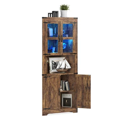 67" Tall Corner Storage Cabinet with Lights, Farmhouse Corner Hutch with Glass Doors and Shelves for Kitchen Living Room Bathroom | Wayfair North America
