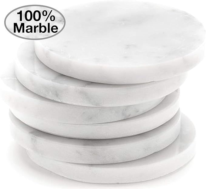 White Carrara Marble Stone Coasters For Drinks, Set of 6, With Holder | Perfect Housewarming Gift... | Amazon (US)