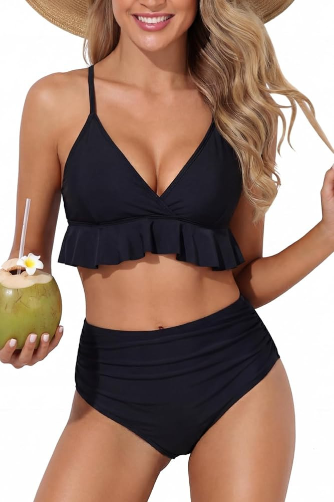 Tempt Me Women High Waisted Ruffle Bikini Set Two Piece Swimsuits Flounce Tummy Control Bathing S... | Amazon (US)