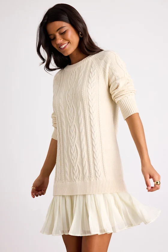 Alvie Cream Cable Knit Drop Waist Sweater Dress | Lulus