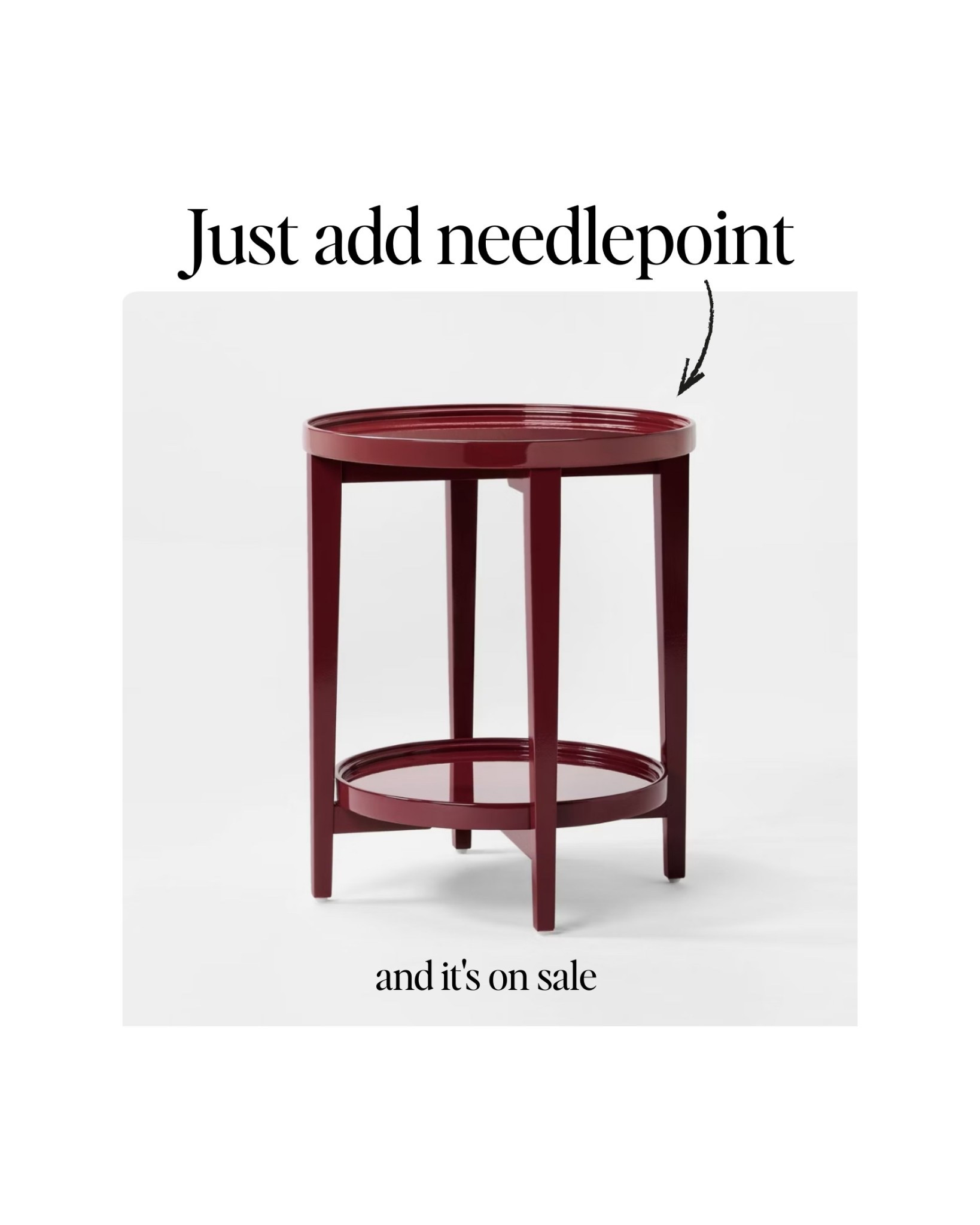 The prettiest deep red/burgundy lacquer and it's on SALE!

This has tray edges on both the top and bottom shelf, so you could add two canvases. Just add acrylic tops and you're all set! 

Needlepoint, NDLPT, target finds, end tables, lacquer 

#LTKOver40 #LTKHome #LTKSaleAlert