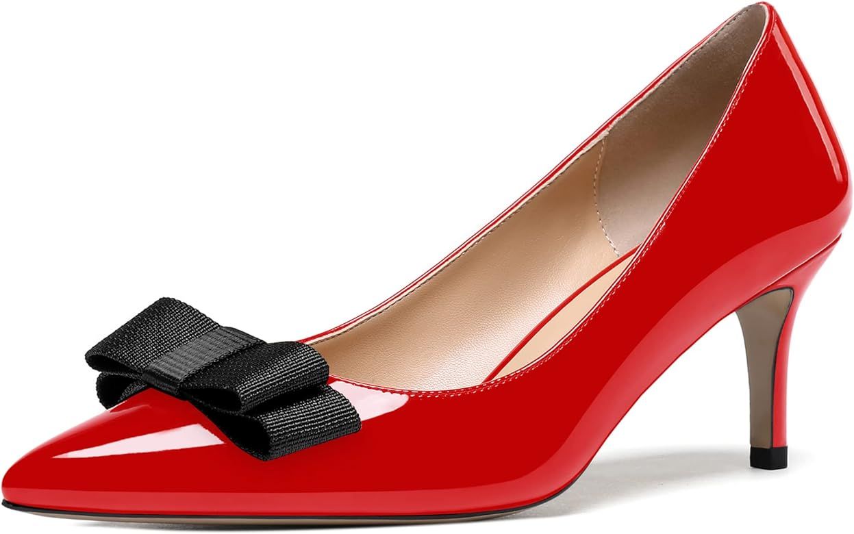 MODENCOCO Women's Pointed Toe Dress Bridal Bow Tie Bow Slip On Patent Stiletto Mid Heel Pumps Sho... | Amazon (US)