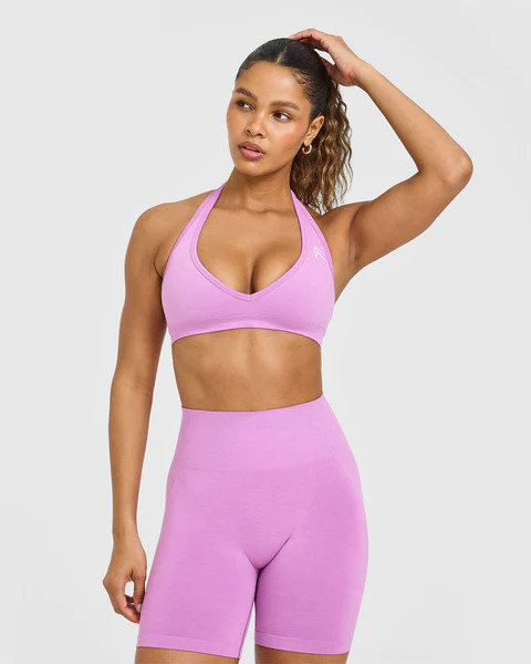 Effortless Seamless Halter Neck Sports Bra with White Logo 
 Orchid Purple | Oner Active (UK / US)