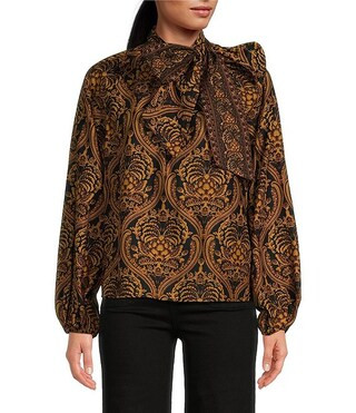 A Loves A Damask Print Woven Mock Bow Tie Neck Long Blouson Sleeve Coordinating Blouse | Dillard'... | Dillard's