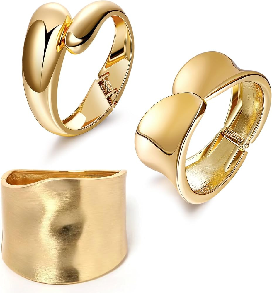 1-3PCS 18K Gold Plated Cuff Bracelets for Women Chunky Wide Bangle Bracelet Irregular Wrist Cuff ... | Amazon (US)