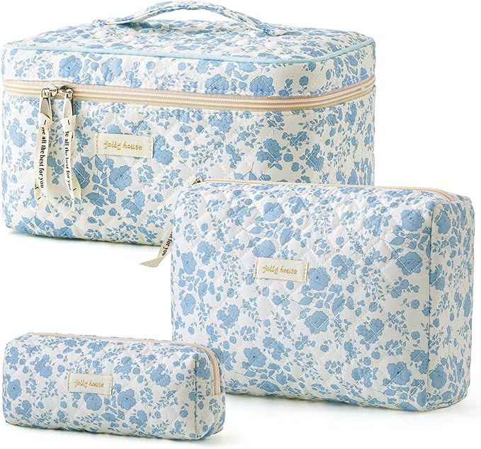 HBselect Quilted Makeup Bag, 3PCS Cotton Large Travel Makeup Bag, Cute Floral Coquette Make up Ba... | Amazon (US)