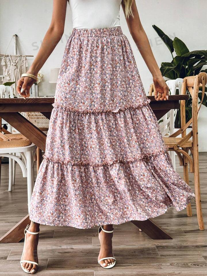 SHEIN Clasi Women Fashionable And Sweet Lace Edged Summer Floral Knee-Length Skirt | SHEIN