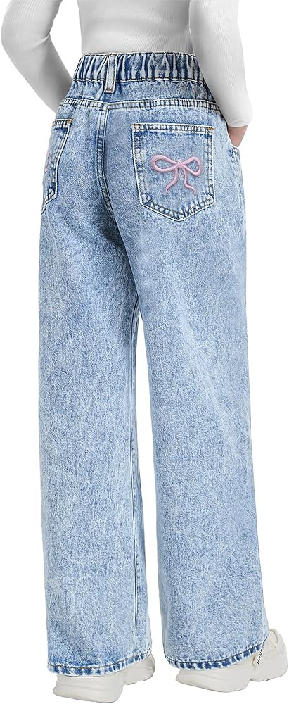 Fulihug Girls Wide Leg Jeans Baggy Bow Embroidery High Elastic Waist Denim Pants Cute Y2K Trendy ... | Amazon (US)