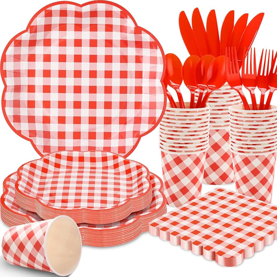 175 Pcs Red Gingham Plates and Napkins Party Supplies - Red and White Checkered Plates Sets Serve... | Amazon (US)