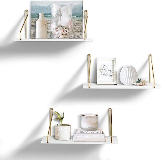 AHDECOR White Floating Shelves with Hanging Wire, Wall Mounted Shelf for Home Décor, Set of 3, 1... | Amazon (US)