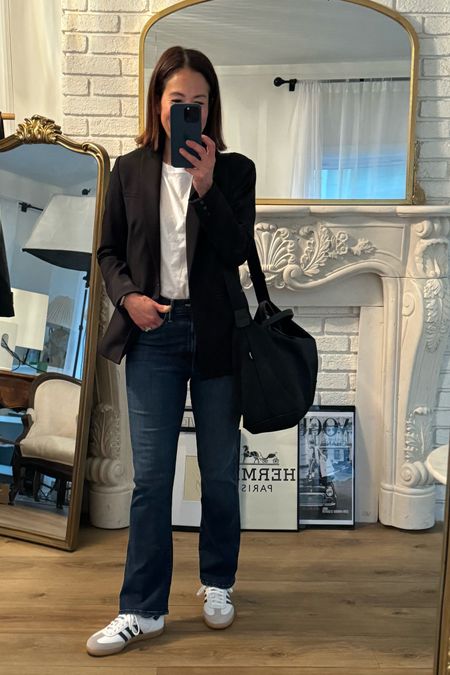 Travel Outfit
Veronica Beard Scuba Blazer/wearing 6
Mother Hustler Denim/Size 27, TTS
J. Crew Vintage Tee/medium 
Longchamp Bag
Adidas Samba/wearing women’s size 5, unisex so check size guide. 

#LTKstyletip #LTKtravel #LTKover40