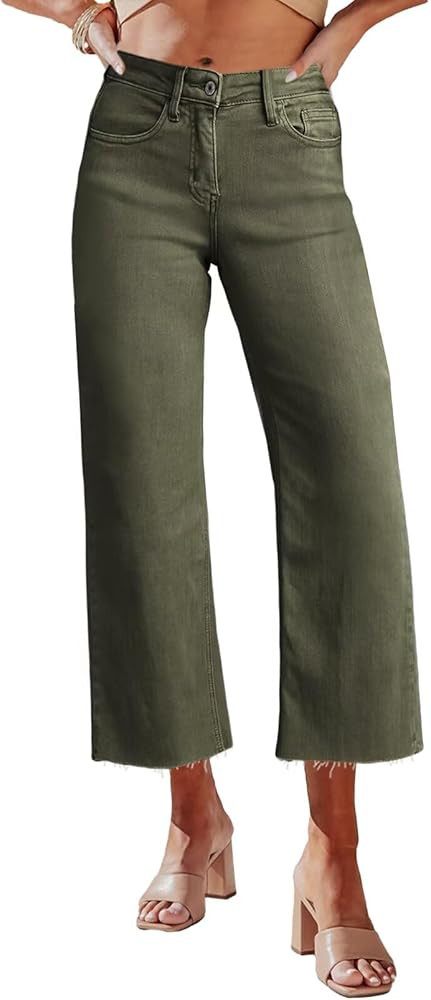 Allimy Women's High Waisted Straight Ankle Wide Leg Ripped Jeans Frayed Hem Stretchy Capri Denim ... | Amazon (US)