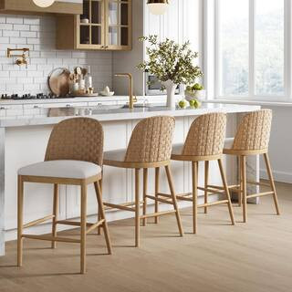 Rikki Light Brown Solid Wood Seagrass Bar Stool with Back, Cream Boucle Counter Stool with Upholstered Seat, (4-Pack) | The Home Depot