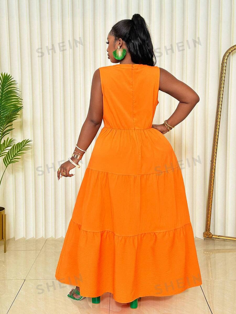 SHEIN Slayr Plus Size Elegant Sleeveless A-Line Long Dress, Ideal For Parties, Vacations - Orange... | SHEIN