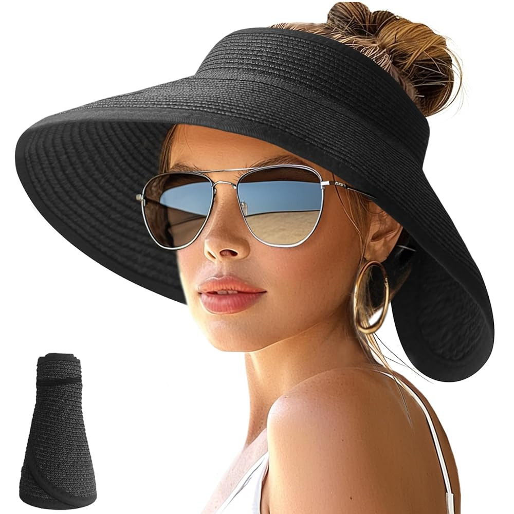 NPJY Sun Hats for Women Wide Brim Roll-Up Beach Ponytail Hat Packable Foldable Travel Straw Visor | Amazon (US)