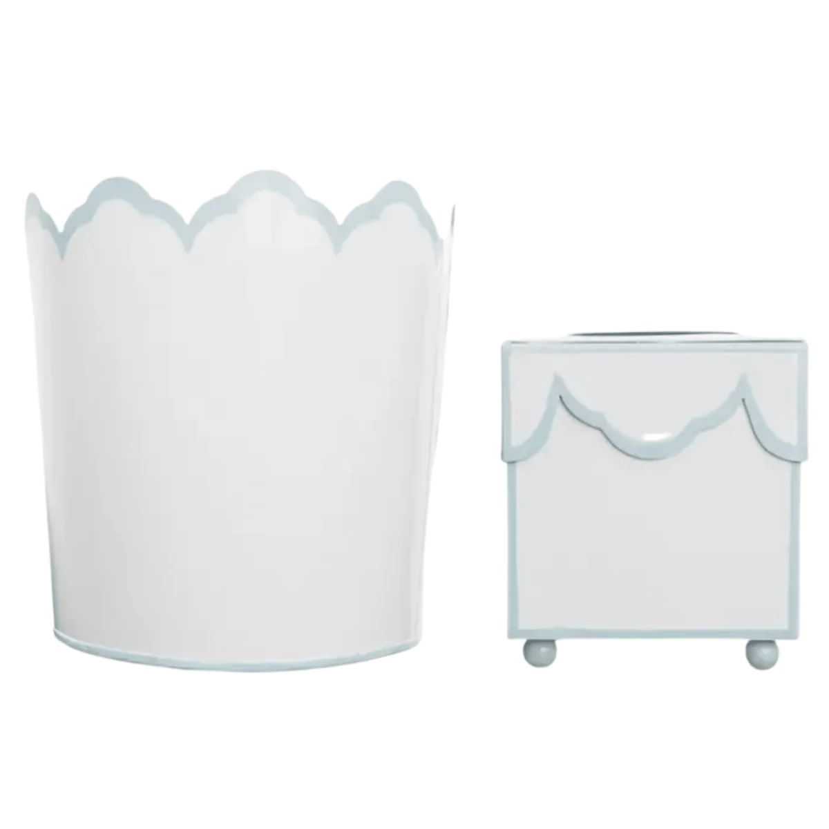 Ivory Scalloped Wastepaper Basket & Tissue Set With Pale Blue or Green Trim | The Well Appointed House, LLC