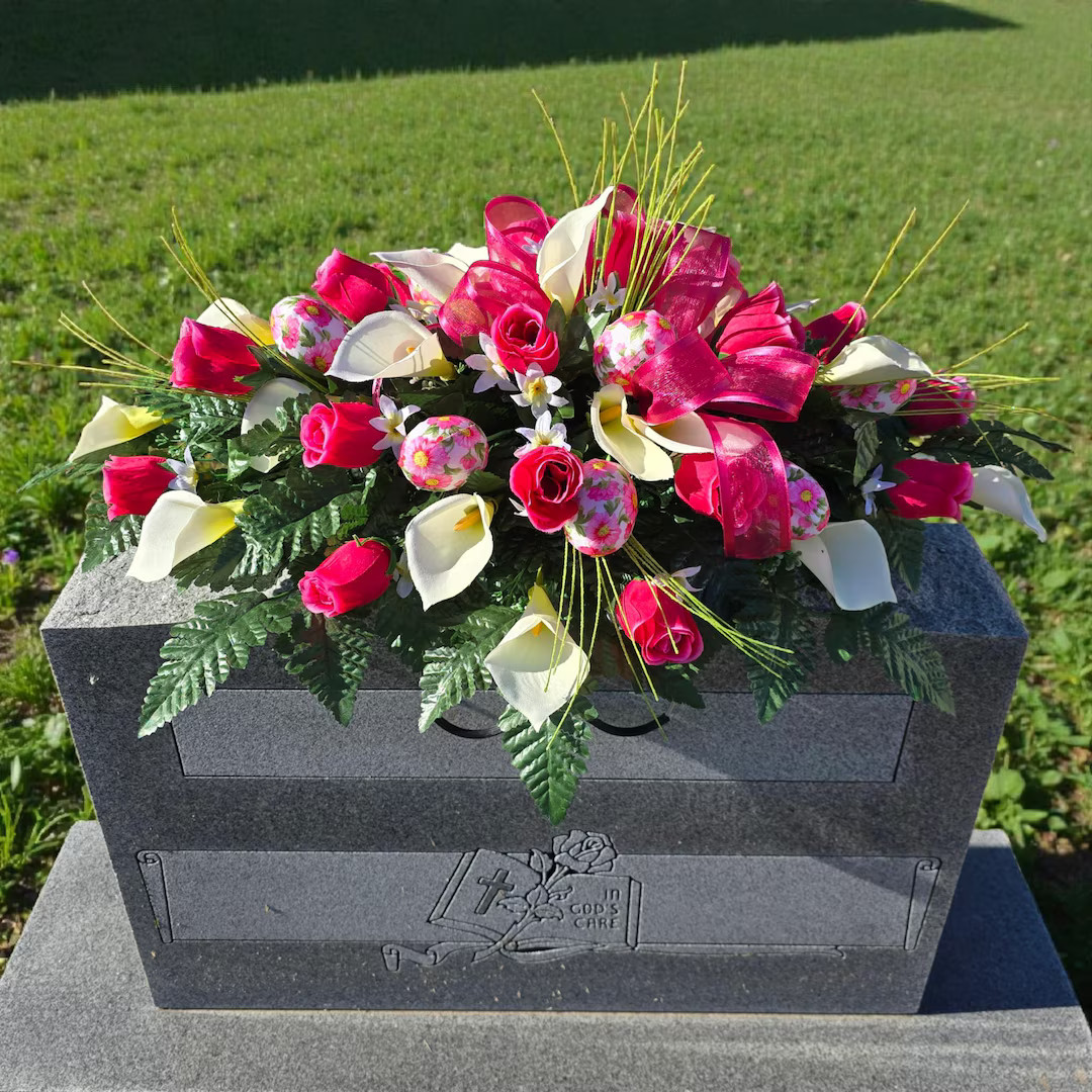 Spring Headstone Saddle with Beauty Pink Rosebuds, Cream Calla Lilies, Floral Eggs, and Ribbon. A... | Etsy (US)
