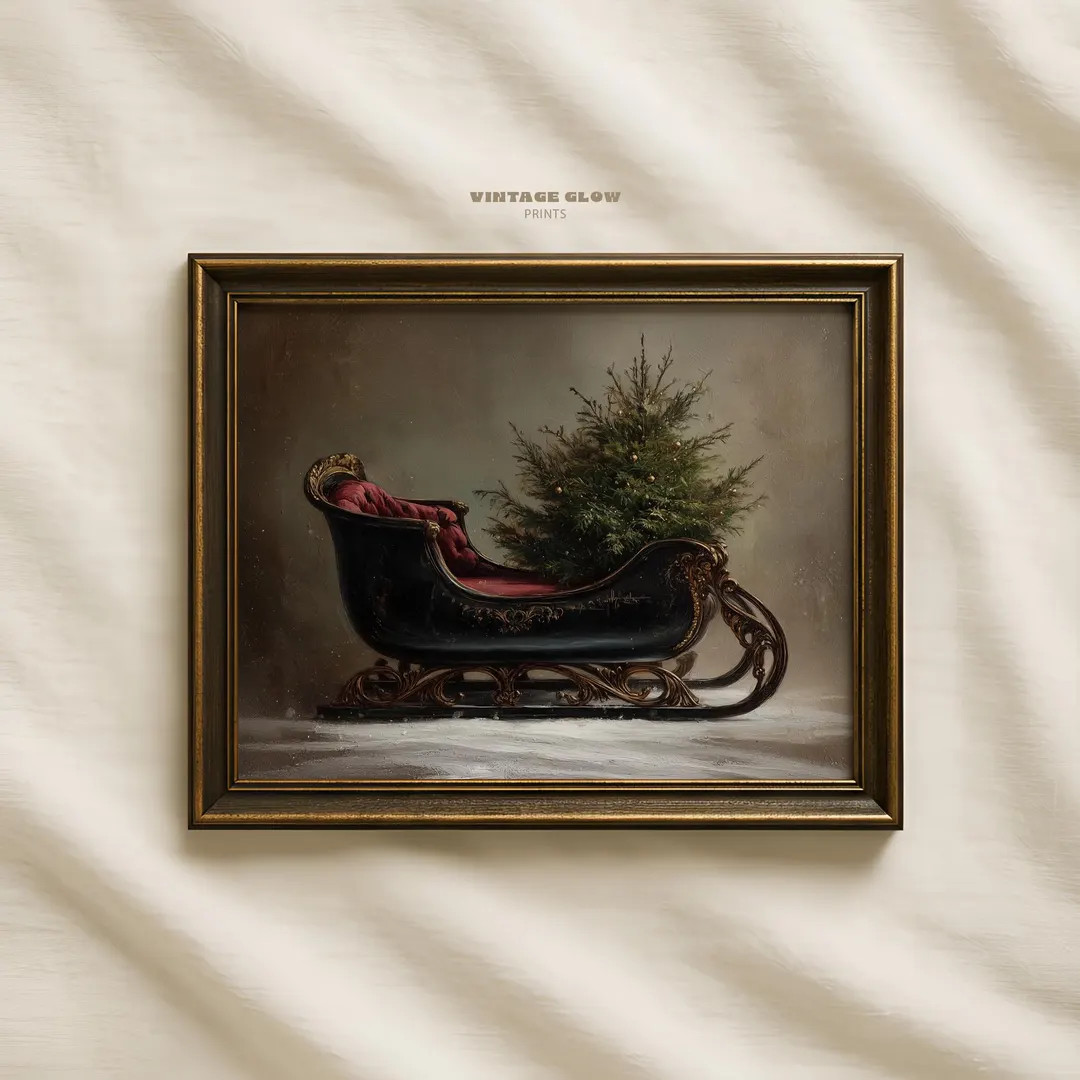 Moody Santa Sleigh Night Print | Vintage Christmas Wall Art | Dark Winter Holiday Decor | Rustic ... | Etsy (US)