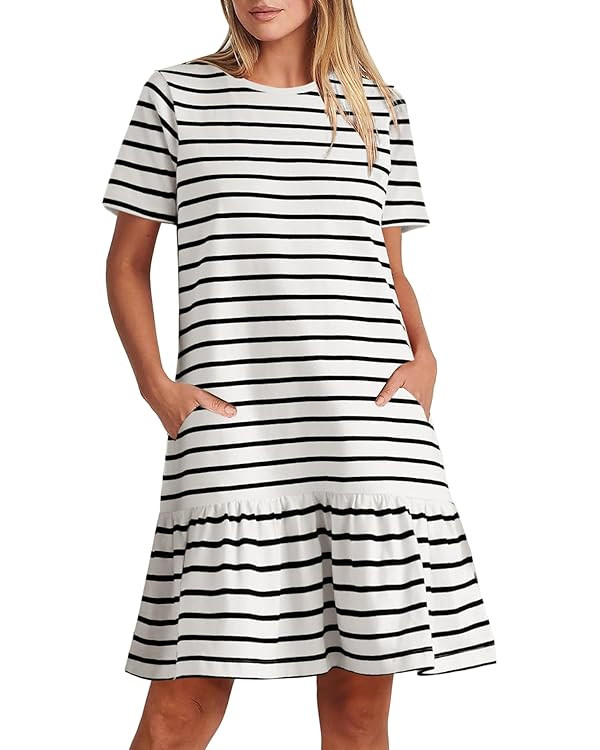 MITILLY Women's Casual Summer T Shirt Dress 2025 Striped Loose Short Sleeve Tunic Dress with Pock... | Amazon (US)