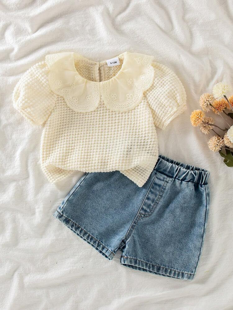 2pcs Baby Girls Ruffled Collar Puff Sleeve Top And Denim Shorts, Casual All-Match Outfit For Daily Wear And Holiday | SHEIN
