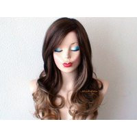 Brown Toffee Ombre Wig 26"" Curly Synthetic Hair With Side Bangs | Etsy (US)
