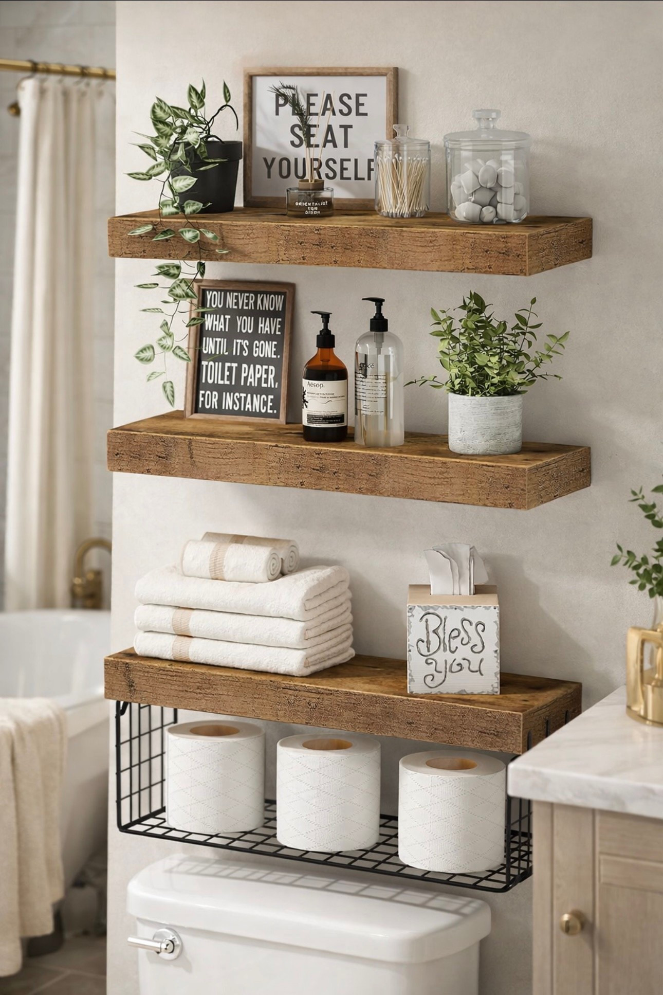 Finally a way to add necessities and charm to a bathroom with these shelves.  These for easily over your toilet or cabinet coming in a set of three. They are wall mounted so they give that floating shelf, appeal, and help with storage as well as a way to warm up the space.  Bathroom shelves, farmhouse shelves, bathroom refresh

#LTKmomlife #LTKHome