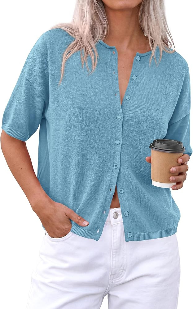PRETTYGARDEN Women Spring Short Sleeve Cardigan Sweaters Button Down Knit Shirt Blouse Dressy Cas... | Amazon (US)