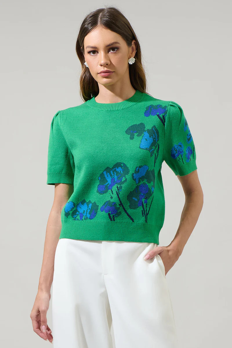 Kersey Floral Pleated Short Sleeve Sweater Top | Sugarlips
