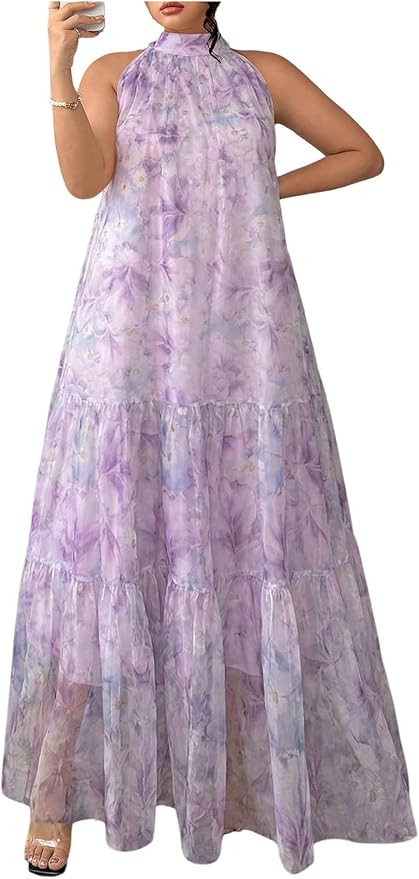 BEAUDRM Women's Plus Size Boho Maxi Dress Ruffle Flowy Wedding Guest Dress Halter Sleeveless Summ... | Amazon (US)