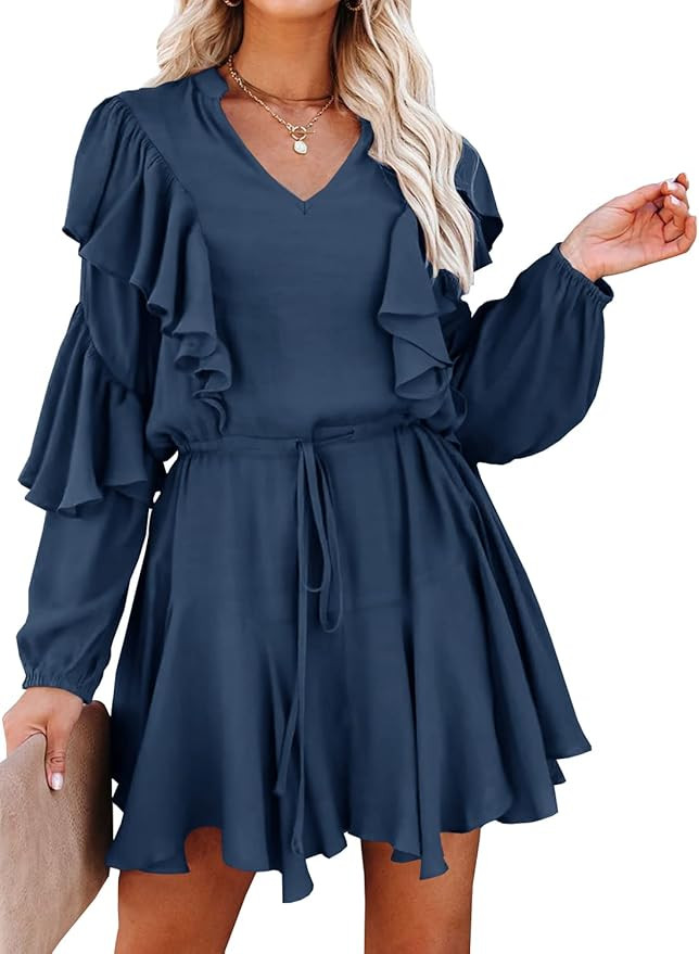 MITILLY Women's Split V Neck Ruffle Long Sleeve Polka Dot Casual Loose Swing Short Dress | Amazon (US)