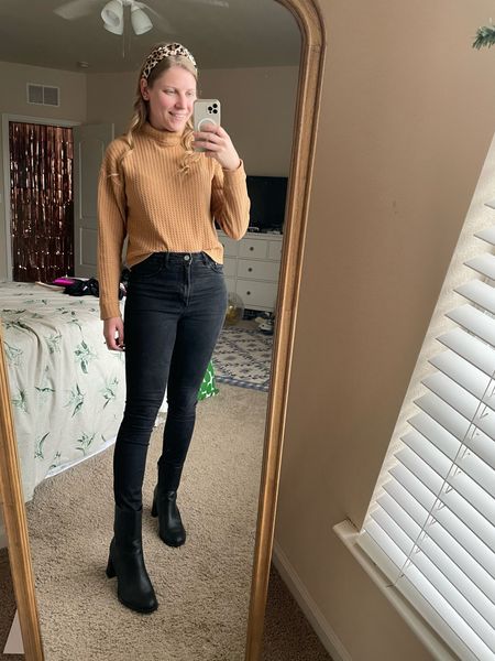 Casual fall/winter outfit. Mock neck sweater, high waisted black jeans, black booties under $50  

#LTKstyletip #LTKSeasonal
