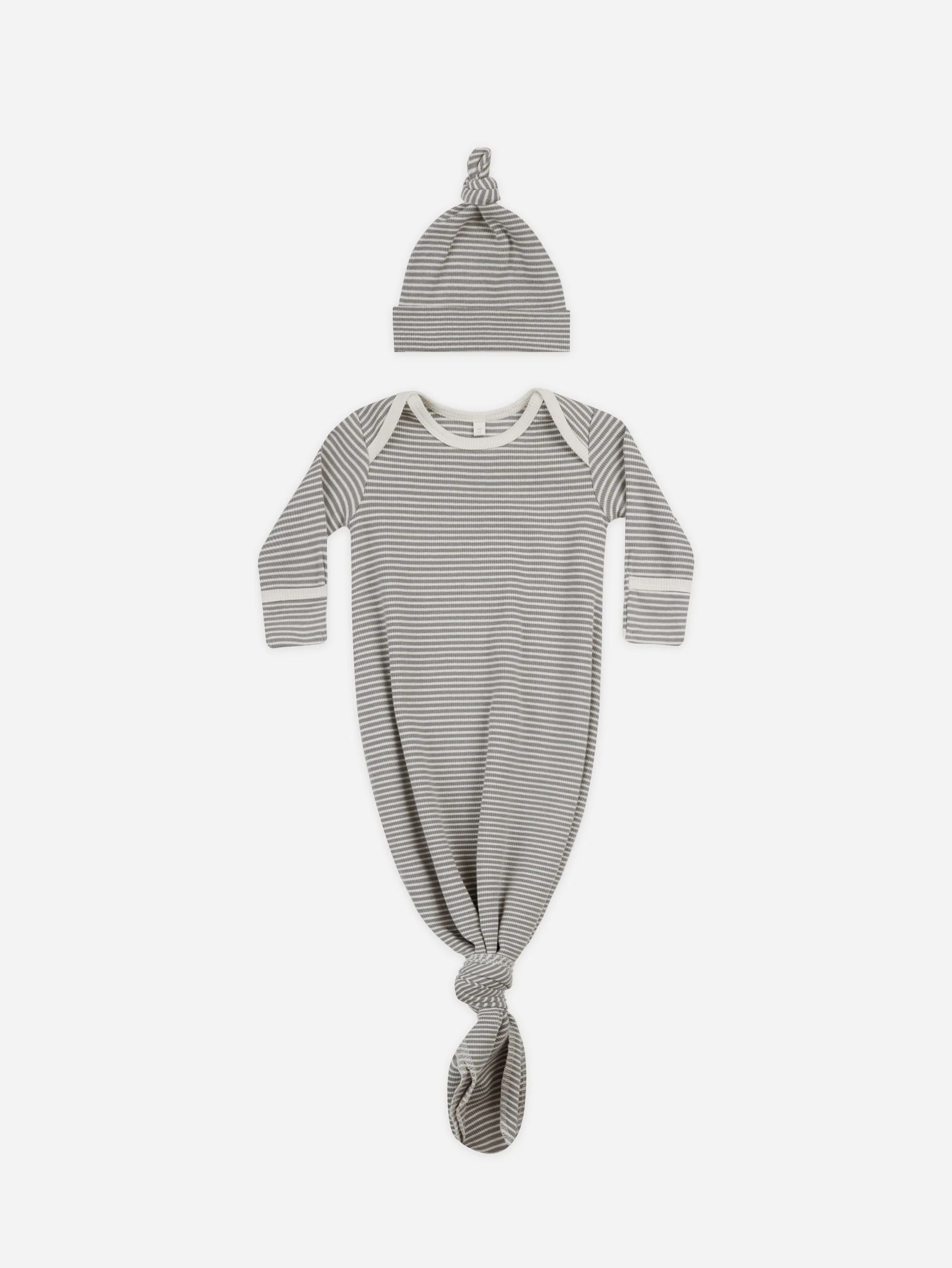 Knotted Baby Gown + Hat Set || Lagoon Micro Stripe | Rylee + Cru