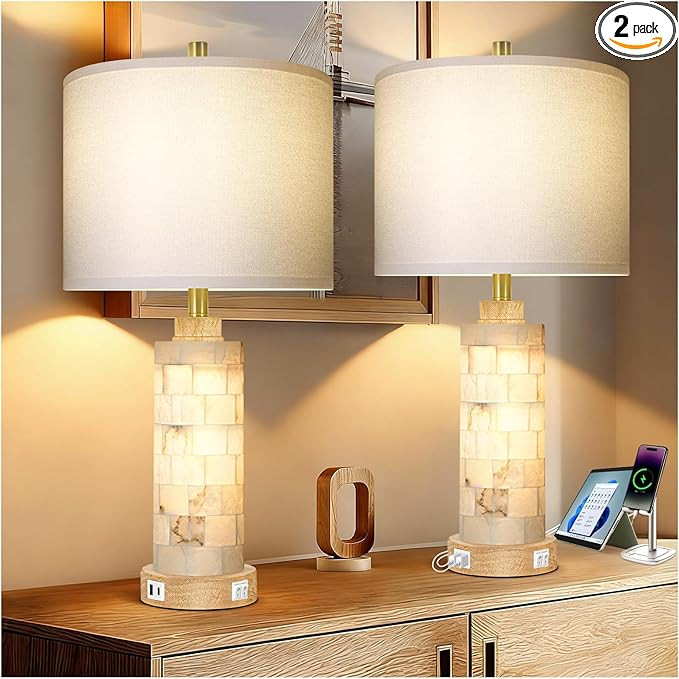 27" Alabaster and Wood Table Lamp Set of 2 with Night Light Nightstand Lamps with USB Ports White... | Amazon (US)