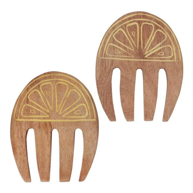 Yellow Lemon Etched Wood Salad Servers 2 Piece Set | World Market