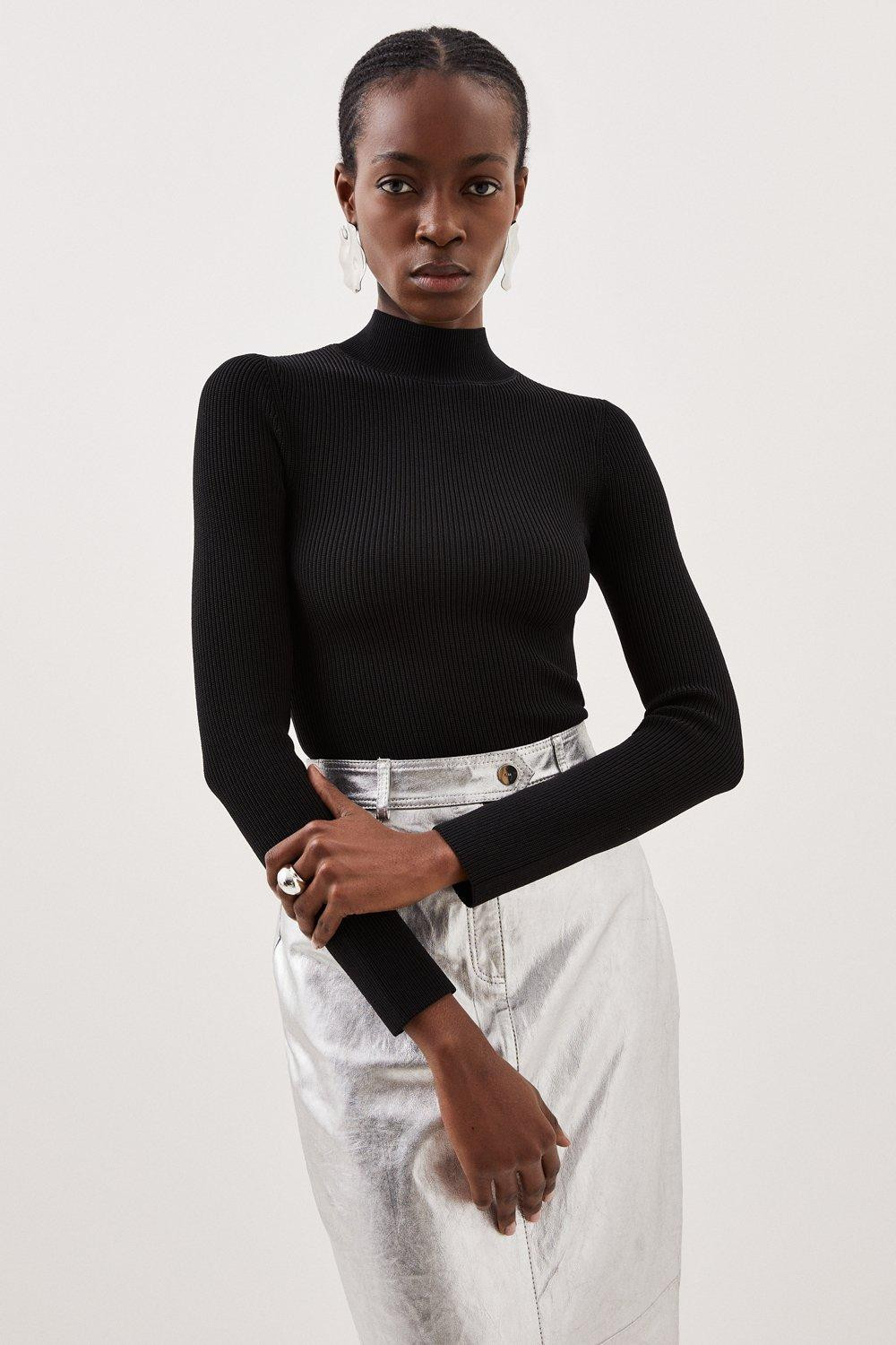 Viscose Blend Compact Rib Knit Funnel Neck Jumper | Karen Millen UK + IE + DE + NL