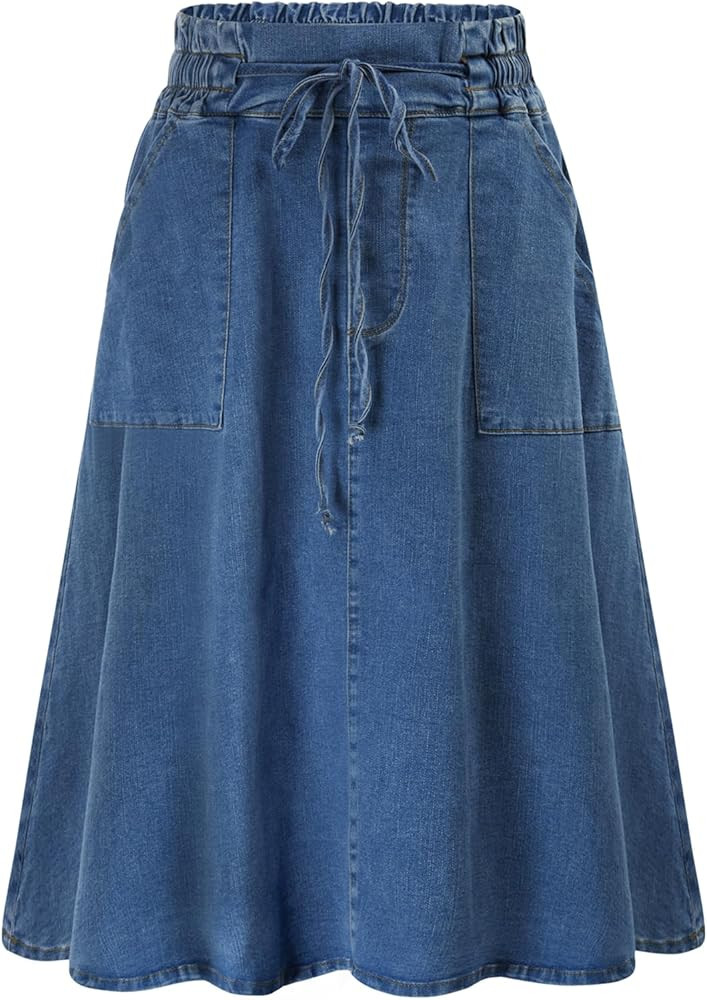 KANCY KOLE Women Casual Denim Skirts Frill Tie Waist A-Line Midi Jean Skirt with Pockets S-XXL | Amazon (US)