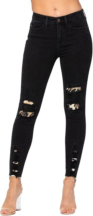 Judy Blue Black Destroyed Leopard Patch Mid-Rise Skinny Jeans! Show Your Wild Side! (Style: 82168) | Amazon (US)