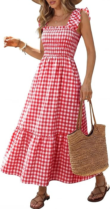 Caracilia Womens Summer Casual Maxi Dress Ruffle Spaghetti Strap Gingham Smocked Long Dresses 202... | Amazon (US)