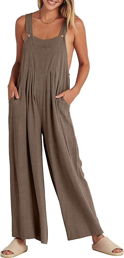 Caracilia Women's Linen Overalls Casual Loose Sleeveless Adjustable Straps Bib Wide Leg Jumpsuit ... | Amazon (US)