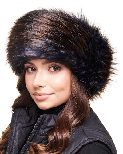 Futrzane Classic Headband - Faux Fur Headbands for Women - Furry Band for Winter - Size S (Navy Blue with Brown Classic) | Amazon (US)