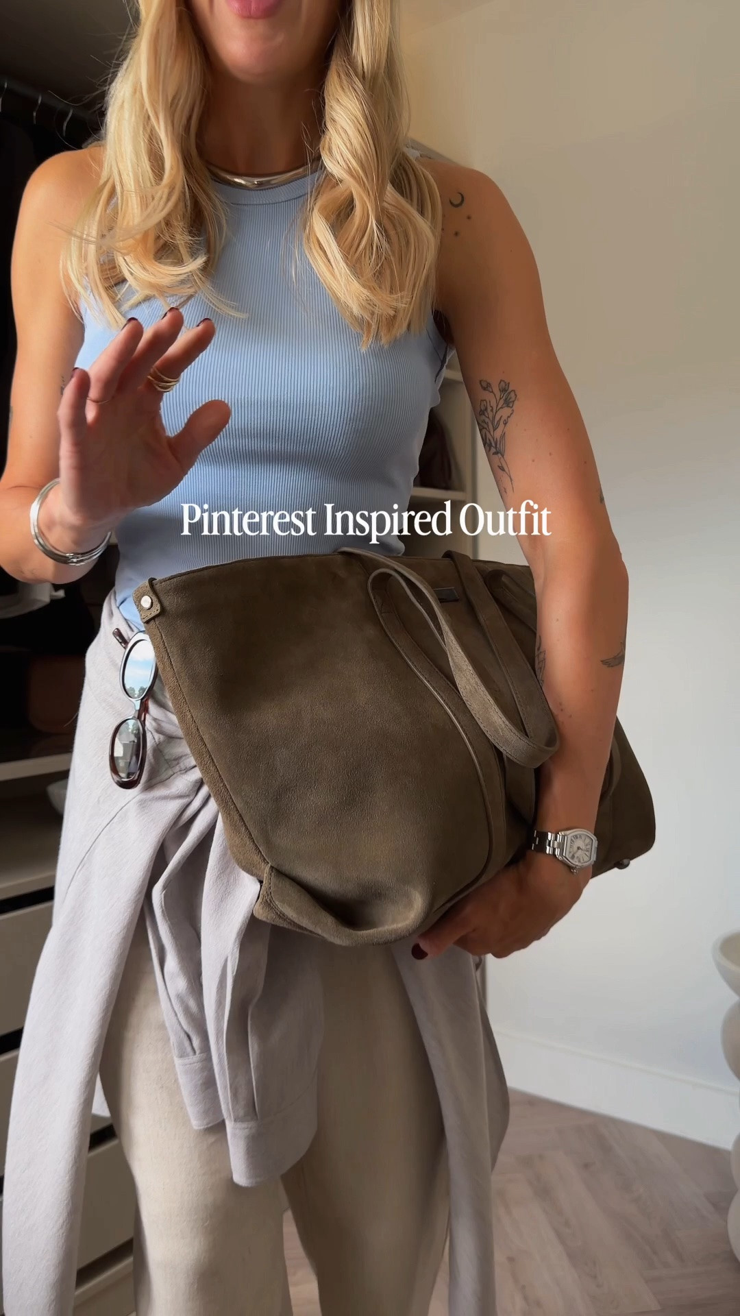 Pinterest inspired summer outfit 🤍🩵 outfit + sizing details below 👇🏼 

Corinne Linen trousers uk 10 tall (I’m 5 ft 8 1/2) - I would size up if inbetween sizes as I’m a 26.5 inch waist (uk 8/10)

Nova Baby blue tank top size S (28D bust 34 full inch)

Kara Khaki suede tote bag - Saint + Sofia 

Massimo Dutti Sandals size up if between sizes 

Necklace and bracelets are Sezane 

Toteme grey melange shirt size M (38) but you can recreate the look with a grey cardigan or jumper tied at your waist too!

Summer outfits over 40

#LTKuk #LTKsummer #LTKbag