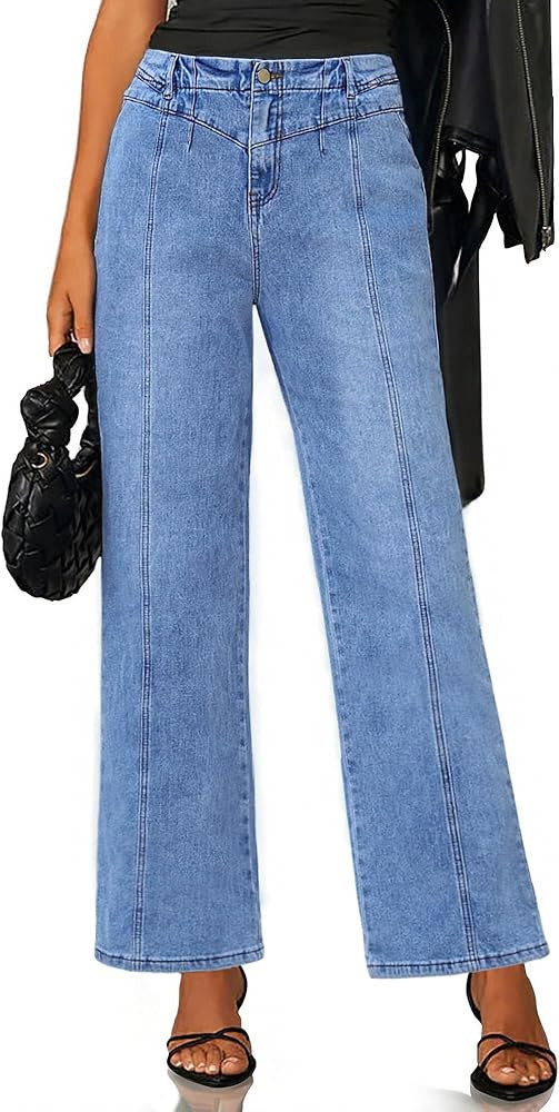 Wide Leg Jeans for Women Trendy High Waisted Straight Leg Stretchy Jeans Seamed Paneling Loose Ba... | Amazon (US)