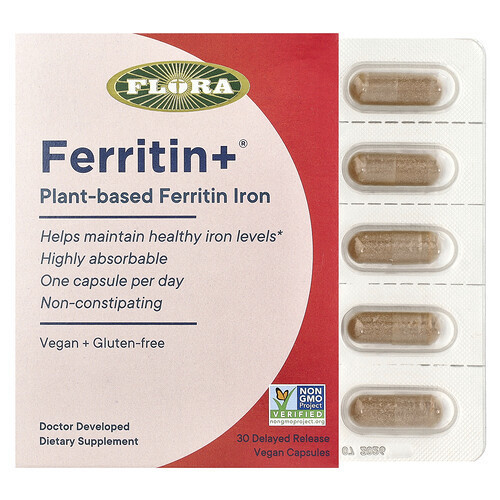 Flora, Ferritin+®, Plant-Based Ferritin Iron, 30 Delayed Release Vegan Capsules (20 mg per Capsule) | iHerb