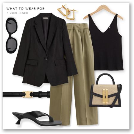 From the office to the evening 🫶

Tailored trousers, khaki, boden , black blazer, demellier mini bag, Celine belt, leather thong sandals, sunglasses, gold hoops, & other stories, smart chic, evening style 

#LTKworkwear #LTKeurope #LTKSeasonal