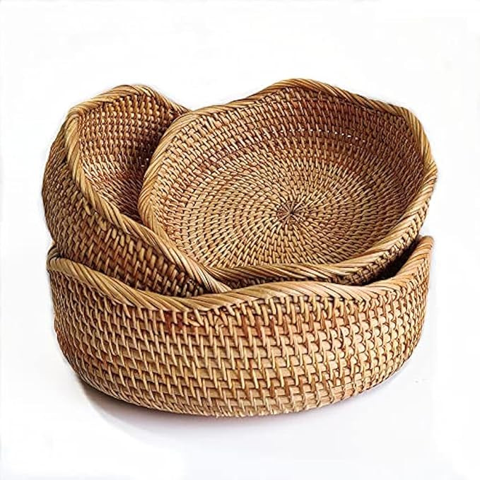 YANGQIHOME Rattan Bread Basket, Round Fruit Baskets, Wicker Storage Bowls, Natural Woven Serving ... | Amazon (US)